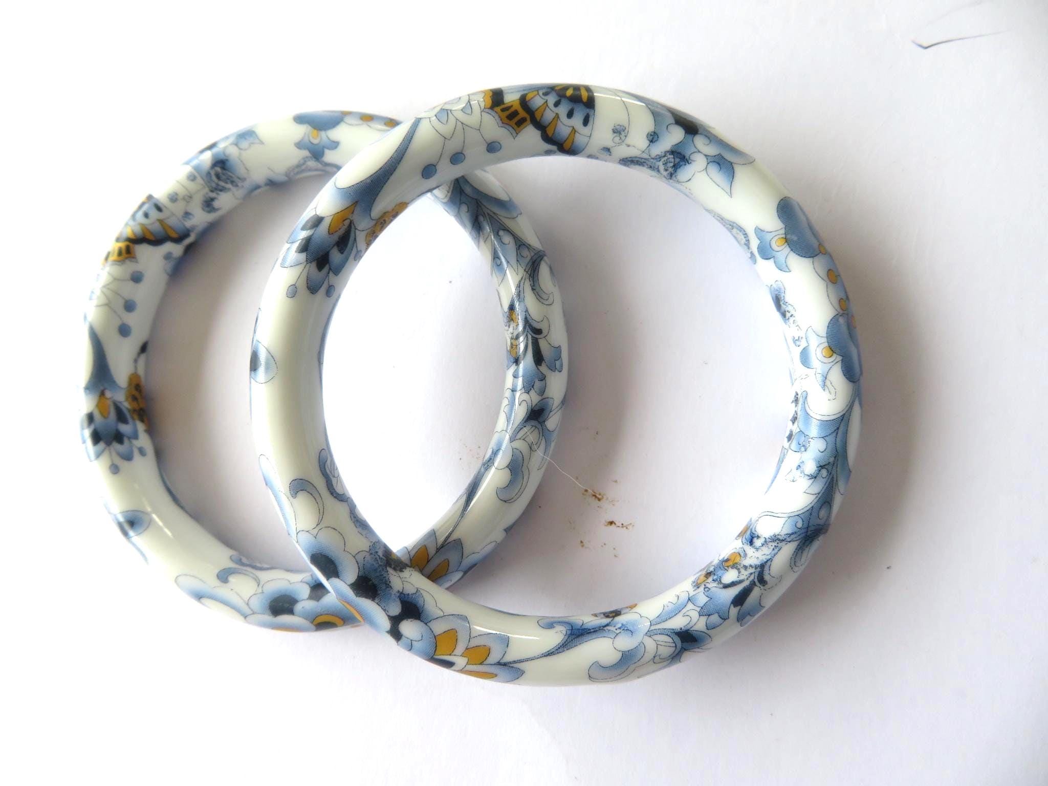 Bracelets-set of 2 Floral Ceramic Bangles – Blue & Yellow Pattern