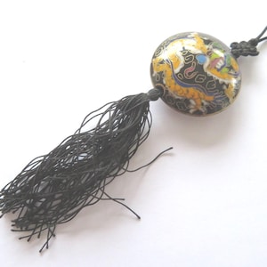 Vintage-Black Pendant-Chinese Yellow Dragon Phoenix-Black tassel -black thong-Chinese knot