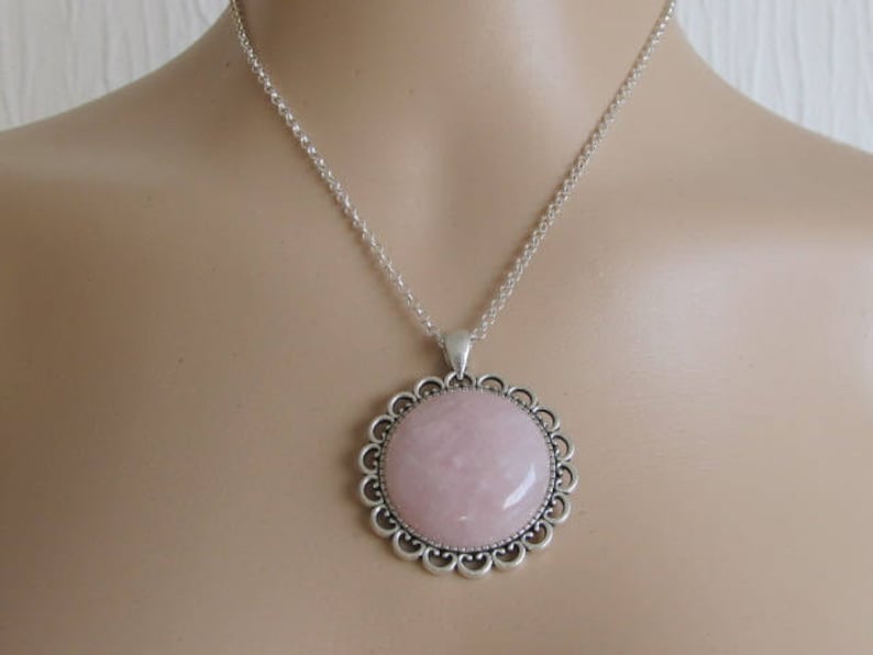 Choice Plain or Floral trays hand made Pendant-Cabochon-Pink Rose Quartz pendant-round pink gemstone mounted in silver plate