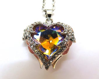 Rhinestone Angel Wings Heart Pendant - Yellow Purple Crystal, 18" Necklace