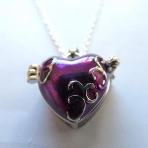 Pendant-Heart shape Crematorium- casket-pendant-memorial- urn- purple lacquer- silver decorations--for loved Ones Ashes -lockable- gift