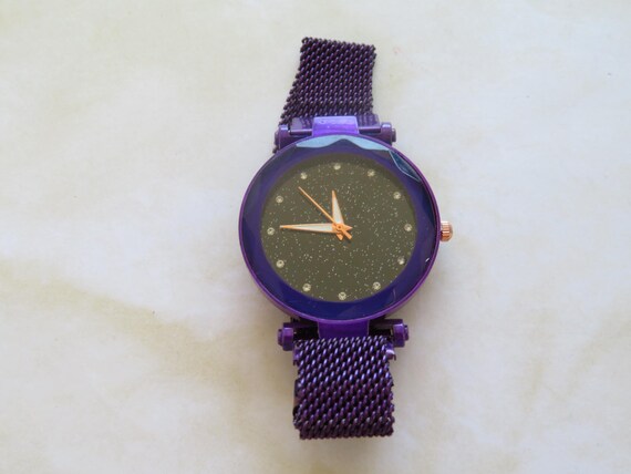 PRICE SLASHED Ladies Quartz Purple Watch Black face stainless steel Analogue battery surround purple purple metallic strap gift