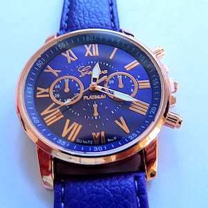 Watch-Unisex wrist watch-Geneva-Large Navy Blue Face-Navy faux leather strap-stainless steel back-Analogue-battery-gift-wedding outfits