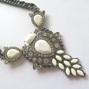 Choker-Pendant-Vintage-Large White Pendant-Statement-thick Pewter  large chain necklace-gift