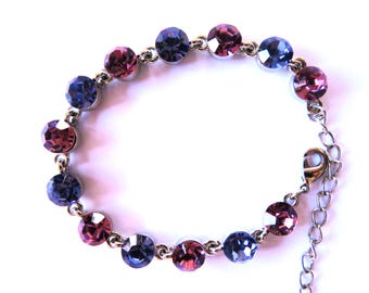 Modern Bracelet-pink and purple crystals-silver plated-chain link- bracelet-extension chain-great present