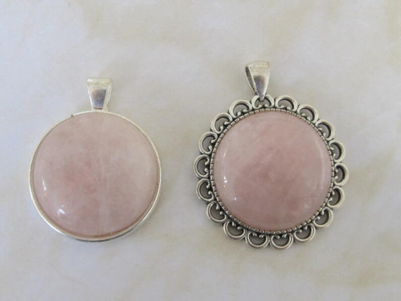 Choice Plain or Floral trays hand made Pendant-Cabochon-Pink Rose Quartz pendant-round pink gemstone mounted in silver plate