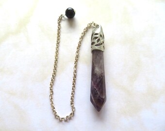 Pendulum-Purple Amethyst -REIKI /Wiccan -silver decorations- Gemstone -Hexagonal Prism - Crystal Healing -Dowsing-Chakra-Instructions