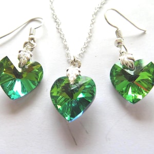 Jewellery Set-Green Swarovski heart shaped pendant-genuine Swarovski-  925 silver fixings-18 inch silver necklace-hang drop earrings
