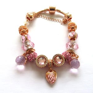Bracelet-Pink-Rose Gold -Pandora style -Snake Bracelet-gold charms and pink beads-Perfect gift for her