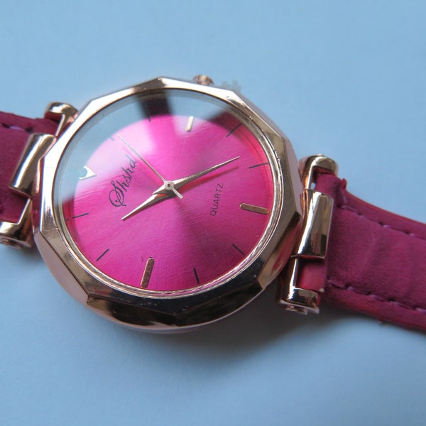 Montre-RÉDUITE-Montre analogique pour femmes avec visage rose excentrique-Boho et Hippy montre-cadeau pour elle-Bracelet en cuir rose-Boîtier en or rose