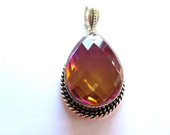 Colgante de turmalina bicolor en forma de lágrima violeta/naranja, facetado, piedra preciosa, joya de plata 925 con borde elegante, collar de regalo.