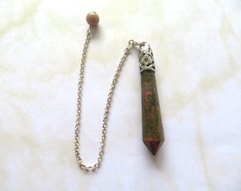 Pendulum-Unakite-Green Orange  -REIKI /Wiccan -silver - Gemstone -Hexagonal Prism - Crystal Healing -Dowsing-Chakra-Instructions-gift