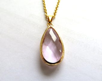 Pendant-Pink crystal -tear drop shaped -pendant -gold plated surround-choice of gold necklace length-gift