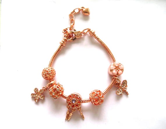 Bracelet-Pink-Rose Gold -Pandora style -Snake Bracelet-charms and  beads-Perfect gift for her