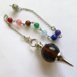 Pendulum-Grey Smokey Quartz- Dowsing crystal-7 chakra balls on Silver chain-scrying-healing-instructions-genuine gemstone