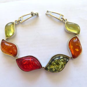 Armband -Bernstein-Silber mit verschiedenfarbigen Bernstein-eingefasst in 925er Silber-Silberglieder-Blattform-Geschenk