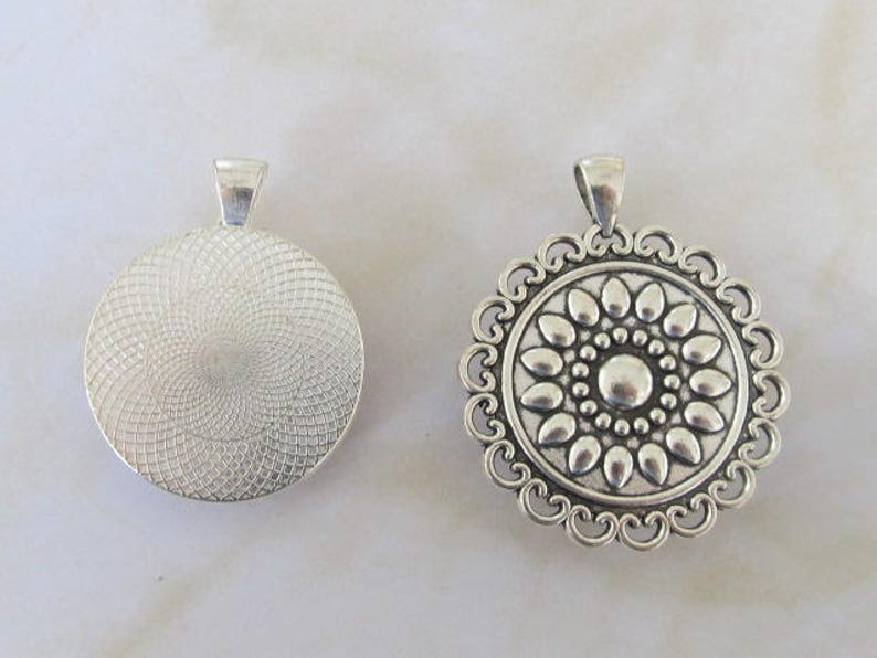 Choice Plain or Floral trays hand made Pendant-Cabochon-Pink Rose Quartz pendant-round pink gemstone mounted in silver plate