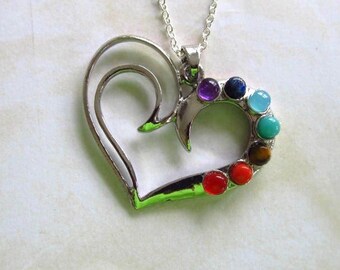 Reiki-7 chakra Heart shaped pendant -semiprecious gemstones-silver plated pendant-silver necklace-7 gemstone heart shaped pendant