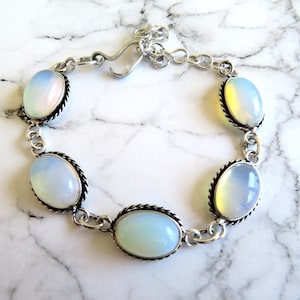 REDUCED-Bracelet-5 Opalite gemstones-oval-milky- 925 Sterling Silver Plated-Gift-7 to 8 inches-adjustable