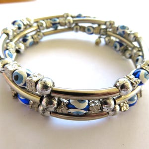 Bracelet- Vintage-Turkish Lucky Blue Eyes -3 layer 925 silver- bracelet-  lucky blue eye beads-silver spacer beads - gift for her-