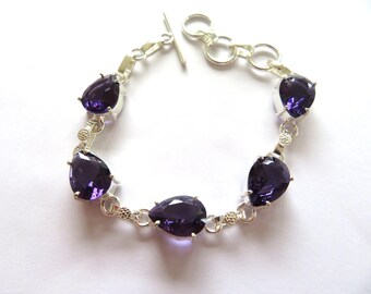 Bracelet-Amethyst-5 gemstones-chain linked with 925 silver-teardrop shaped -adjustable-perfect gift for her
