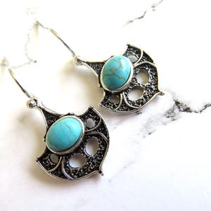 Earrings-Turquoise-Dangle Drop  Earrings-Fan shaped-Silver  plate-Blue Turquoise-Beautiful silver filigree--gift