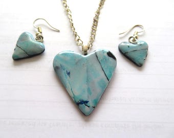 Jewellery set-Turquoise Blue Heart Pendant-Great Gift-matching drop earrings-18 inch  necklace-Silver findings-gift