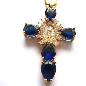 CROSS-  Elegant Virgin Mary Cross-Purple Zirconia crystals-18K golden Stainless Steel-Gold Necklace 18 inch-Gift