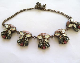 Modern Choker-5 large butterflies-glass beads-bronze coloured chain-great gift-looks Antique