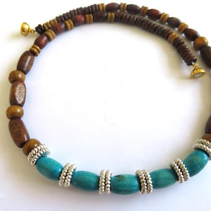 Unique Wooden necklace - choker-hand made- natural coloured wooden beads -turquoise painted beads-silver spacers-magnetic connection