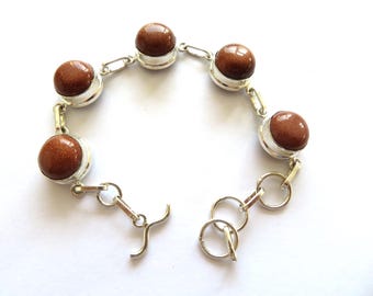 Bracelet-Silver link bracelet- Sand Stone Round Brown gems-5 gemstones-925 Sterling Silver-adjustable- bracelet-7 inches-gift