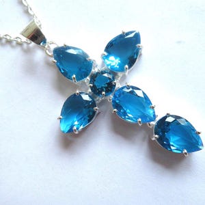 Pendant-Blue Topaz-Large Jesus Cross-Blue Topaz Teardrop Quartz gemstones-925 silver overlay-Perfect gift for her