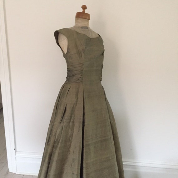50s olive grey raw silk cocktail dress. Floor len… - image 2