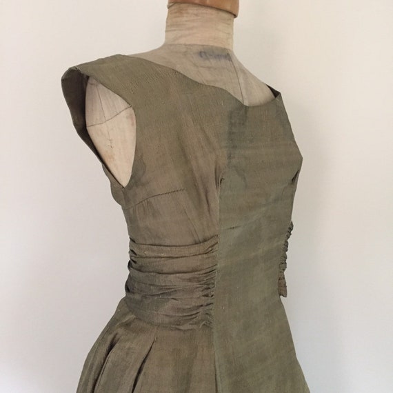 50s olive grey raw silk cocktail dress. Floor len… - image 7