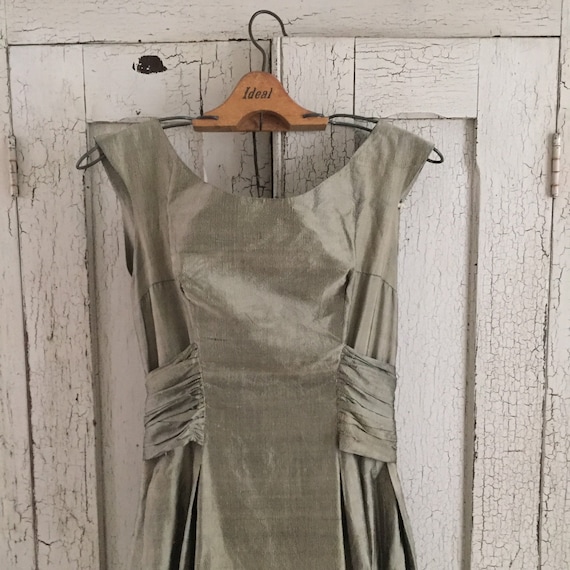 50s olive grey raw silk cocktail dress. Floor len… - image 1