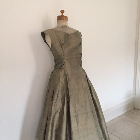 50s olive grey raw silk cocktail dress. Floor len… - image 8