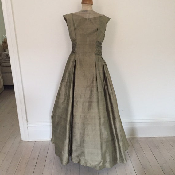 50s olive grey raw silk cocktail dress. Floor len… - image 5