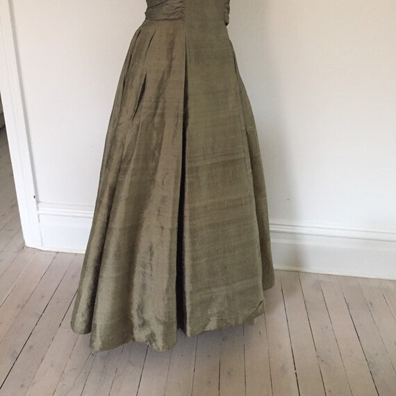 50s olive grey raw silk cocktail dress. Floor len… - image 3