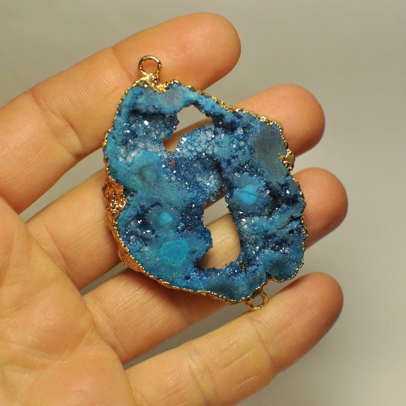 Natural Freeform Titanium Agate Druzy Geode Slice Bar Connector Gold Plated Blue Color 53x43x7 mm 102.10 Cts.