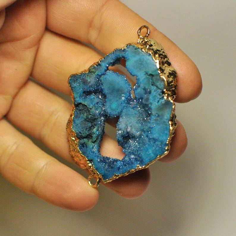 Natural Freeform Titanium Agate Druzy Geode Slice Bar Connector Gold Plated Blue Color 53x43x7 mm 102.10 Cts.