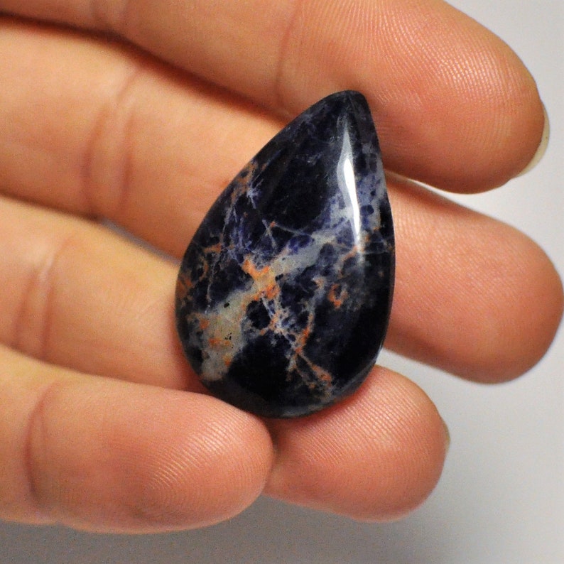 Natural Sodalite Cabochon Gemstone Blue Orange White Color Pear Shape Pendant Size Jewelry Making Designer Stone 29.55 Cts. 32x22.5x6 mm