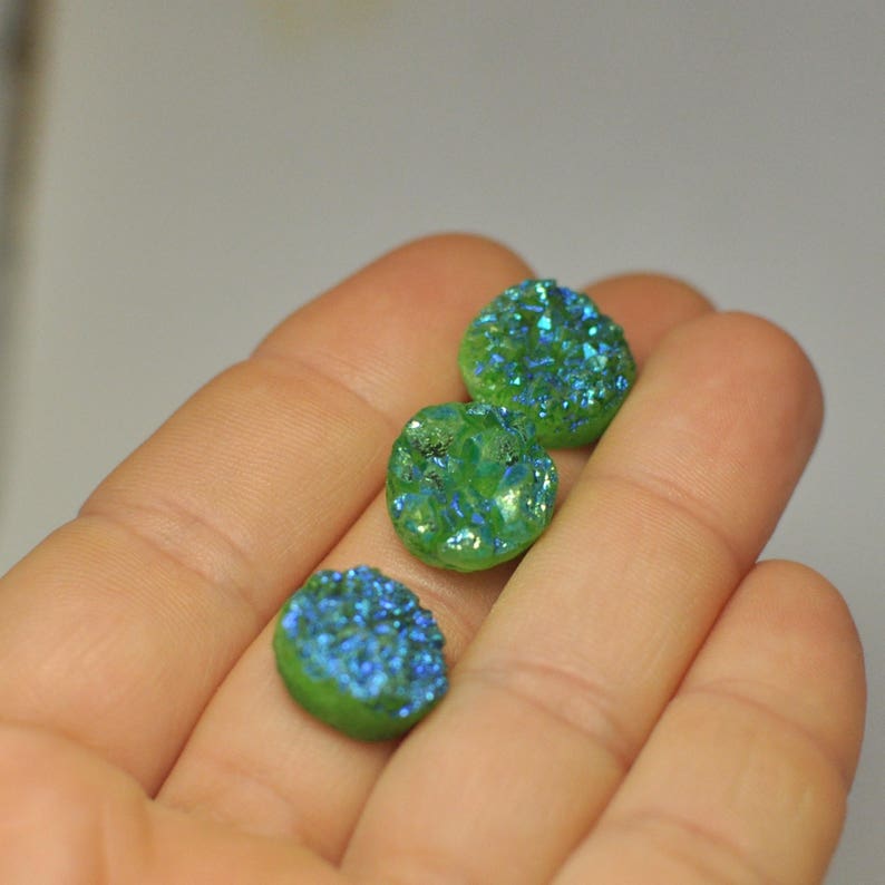 29.80 Cts. 15x7 14x7 mm Lot of 3 Pcs Natural Green Blue Titanium Druzy Quartz Cabochon Gemstone Set Round Shape Ring size
