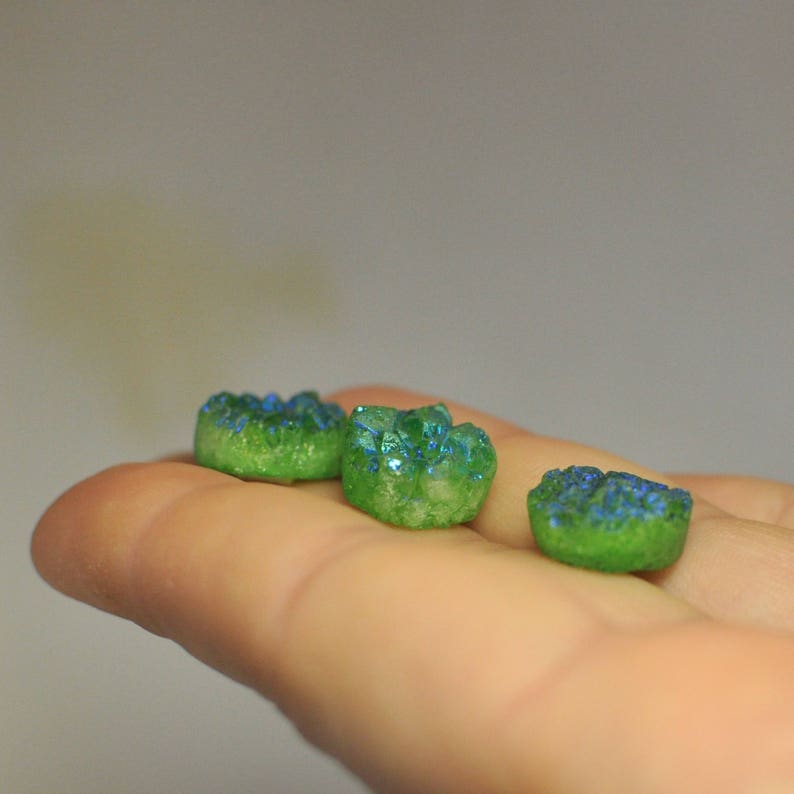 29.80 Cts. 15x7 14x7 mm Lot of 3 Pcs Natural Green Blue Titanium Druzy Quartz Cabochon Gemstone Set Round Shape Ring size