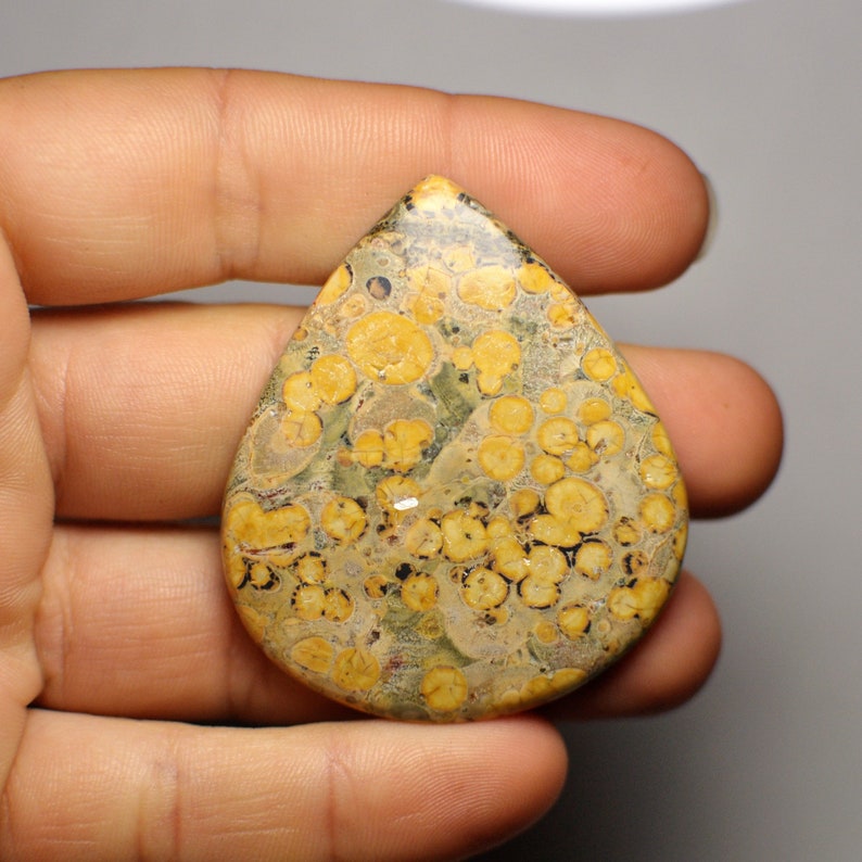 Beautiful Leopard Skin Jasper Cabochon Gemstone Orange Grey Color Pear Shape Big Cab Pendant Size 84.55 Cts 50x43x6 mm