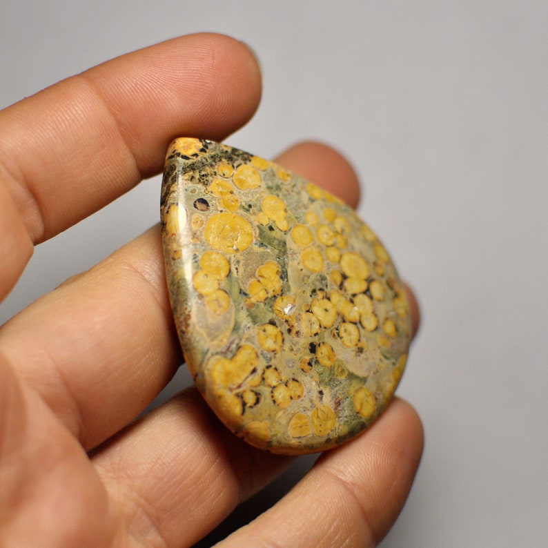 Beautiful Leopard Skin Jasper Cabochon Gemstone Orange Grey Color Pear Shape Big Cab Pendant Size 84.55 Cts 50x43x6 mm