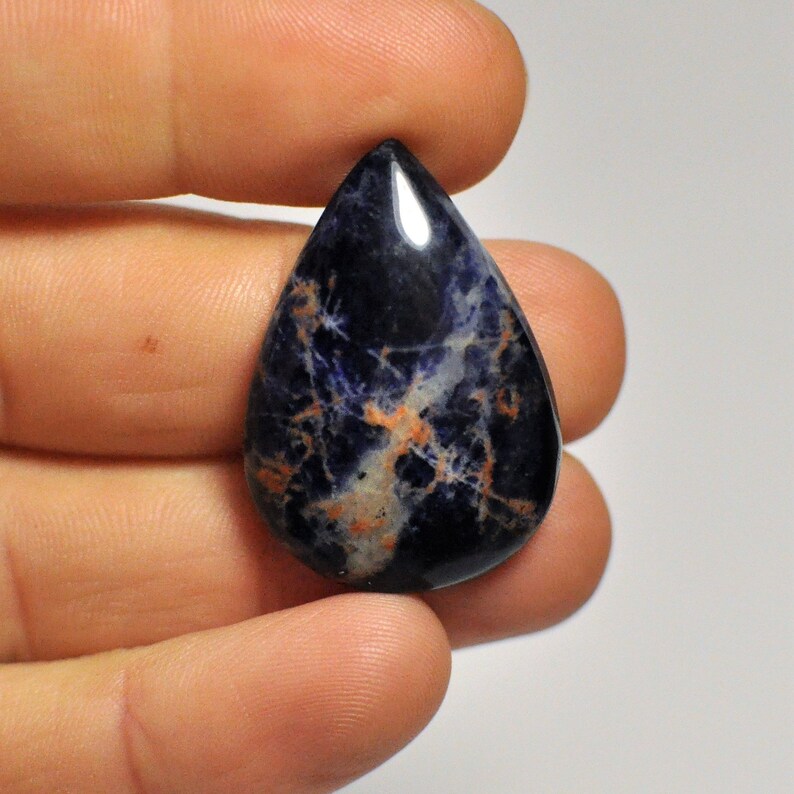 Natural Sodalite Cabochon Gemstone Blue Orange White Color Pear Shape Pendant Size Jewelry Making Designer Stone 29.55 Cts. 32x22.5x6 mm