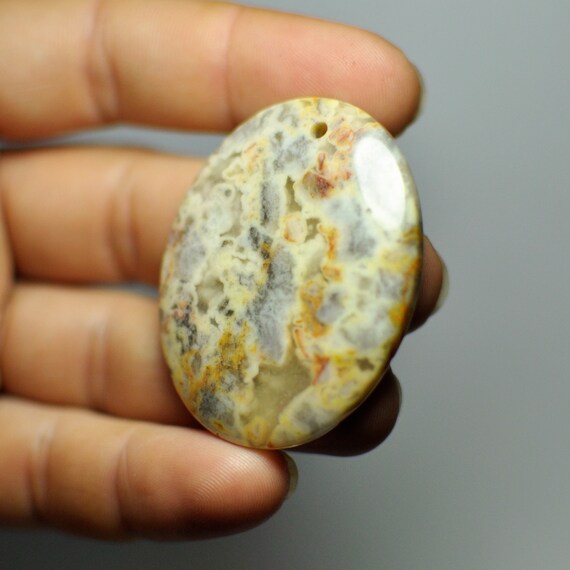 47x37x6 mm Natural Designer Mexico Crazy Lace Agate Oval Pendant Bead Yellow Gray color 93.45 Cts.