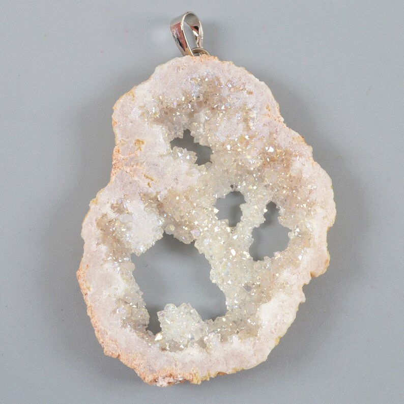 Pendant freeform 56x41x6mm Titanium Rough Natural white Geode Agate with bail Silver Plated