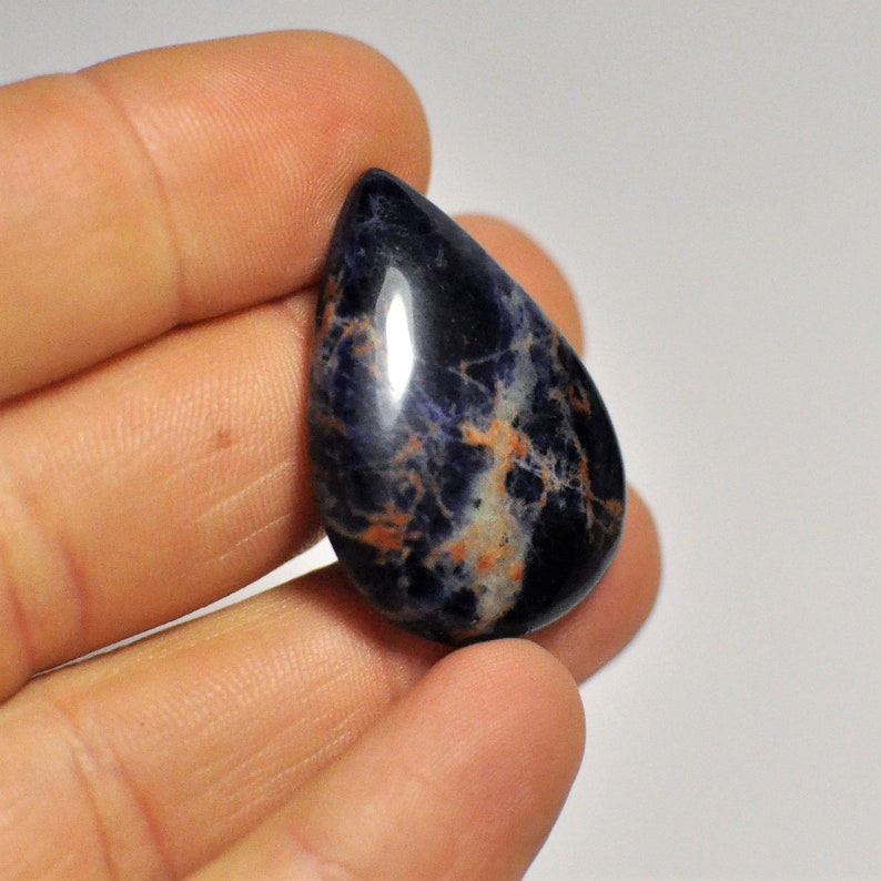 Natural Sodalite Cabochon Gemstone Blue Orange White Color Pear Shape Pendant Size Jewelry Making Designer Stone 29.55 Cts. 32x22.5x6 mm