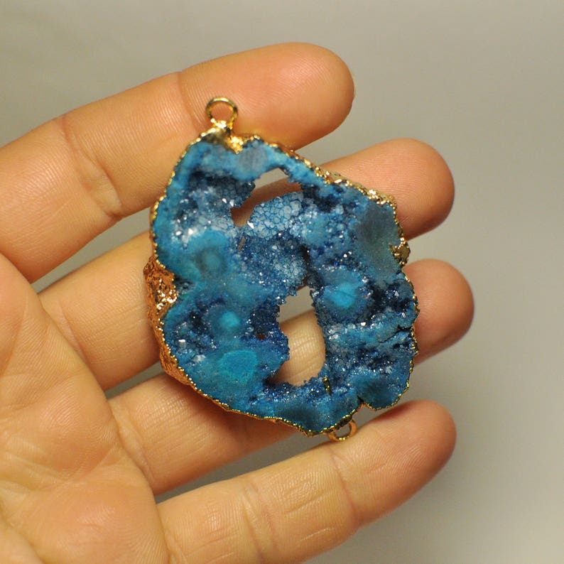 Natural Freeform Titanium Agate Druzy Geode Slice Bar Connector Gold Plated Blue Color 53x43x7 mm 102.10 Cts.